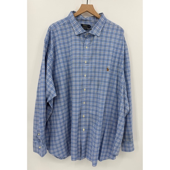 Polo Ralph Lauren Shirt Mens 5XB Blue Plaid Stretch Oxford Plaid Button Up - Picture 2 of 10